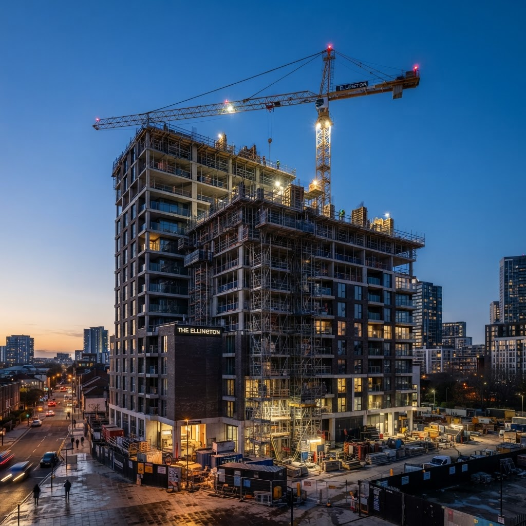 Edifício residencial em construção com andaimes e grua